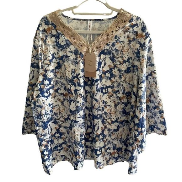 2 New Zolucky Blue Floral Summer Blouse Tops Women’s Plus Size 1X Set NWT - Picture 2 of 10